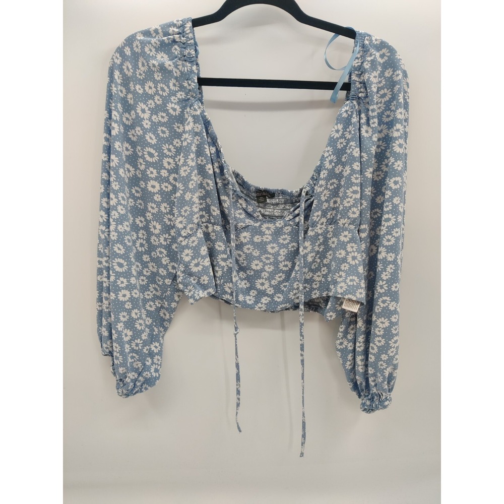 Wild Fable Blue Daisy Floral Tie Front Smocked Back Crop Top XXL Long Sleeve